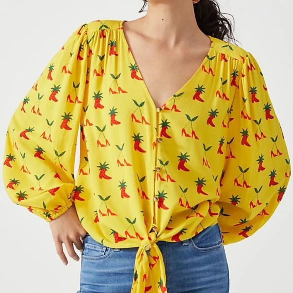 NWT Anthropologie Kendra Dandy Graphic Boot Print Button Down Blouse Yellow 12